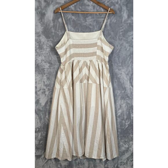 Linen Blend Neutral Beige Stripe Sleeveless Dress XL Midi Smocking Casual H&M - Picture 5 of 10